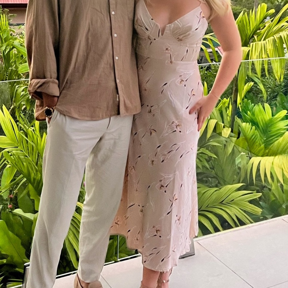 Selfie Leslie dress, size large with satin like fabric in a light Nude color